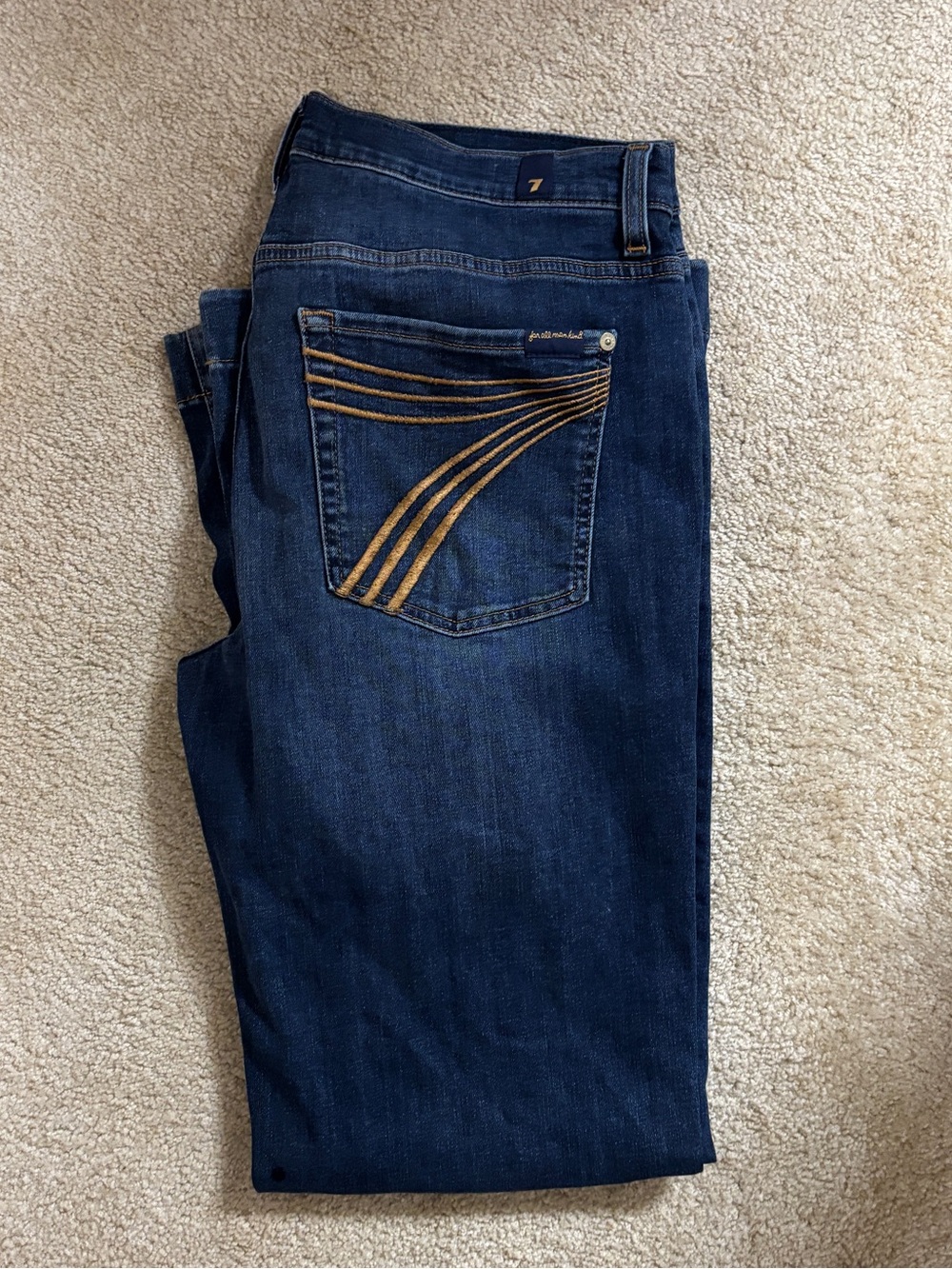 7 For All Mankind Dark Blue Wide Leg Jeans with Gold Stitching